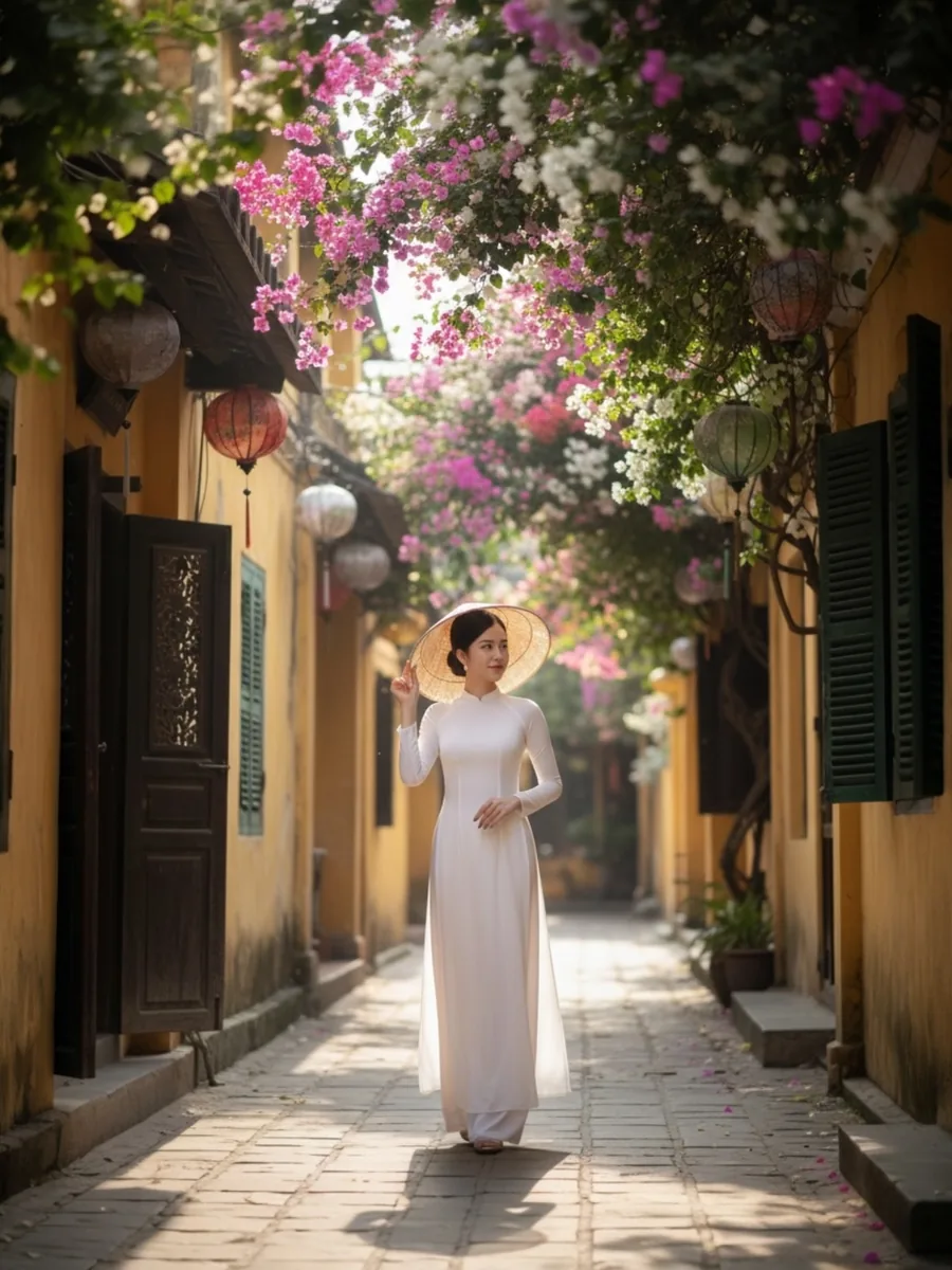 Người phụ nữ trong tà áo dài trắng giữa phố hoa cổ kính